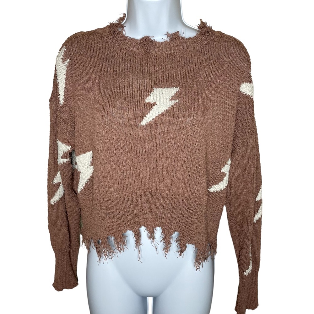 Dreamers Brown Cropped Distressed Lightning Bolt Lightweight Sweater